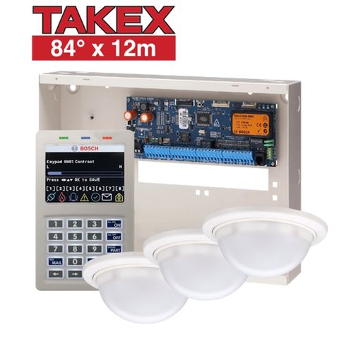 BOSCH, Solution 6000, Alarm kit, Includes CC610PB panel, CP736B Smart Prox LCD keypad, 3x PA-6812E TAKEX ceiling mount 84 degree PIRs