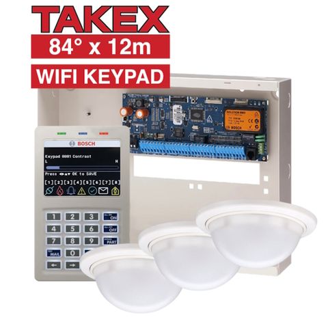 BOSCH, Solution 6000, Alarm kit, Includes CC610PB panel, CP737B Wifi Prox LCD keypad, 3x PA-6812E TAKEX ceiling mount 84 degree PIRs