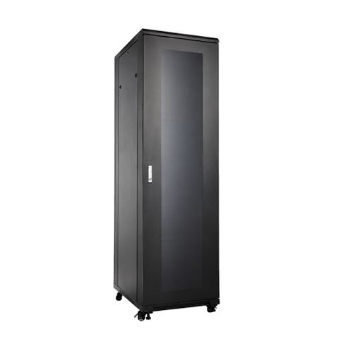 GARLAND, 45RU 19" Rack Cabinet, Floor mount, 800(W) x 2200(H) x 1000(D)mm, With glass front door, Fan tray (4x fans) with thermostat, 3x shelves, 8 way power rail, Black powder coated finish.