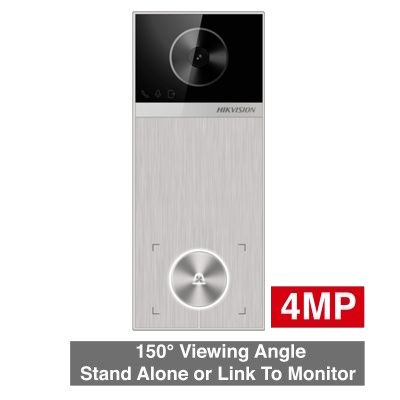 HIKVISION, Surface mount IP door station, Stand alone or link to monitor, Single call button, 4MP camera, Mifare reader & Bluetooth, 150 degree view, Aluminium finish, IP65, Wi-Fi, POE, 12V DC.