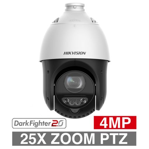 HIKVISION, 4MP IP Outdoor IR PTZ camera, 100m IR, 25x Zoom (4.8 - 120mm lens), 1/2.8" CMOS, 0.005Lux (sens-up), H.265/H.265+, IP67, 12V DC/POE