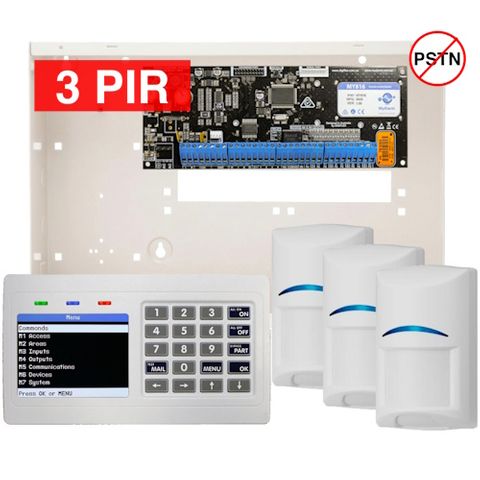 VISION, MyAlarm 16 zone alarm KIT, incl 1x MY816P PCB, 1x CP746WH WHITE HORIZONTAL alpha colour screen keypad, 1x MW350 metal cabinet & 3x ISC-BPR2-W12 Bosch PIRs.