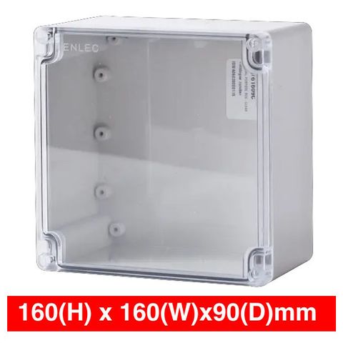 ALLBRO, IP66 screw lid enclosure, Polycarbonate, Grey with clear lid, Flame retardant, Stainless steel screws, 160(H) x 160(W) x 90(D)mm
