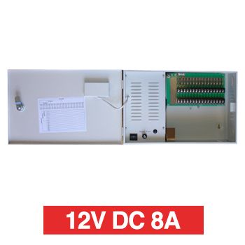 PSS, Power supply, 12V DC 8A, Wall mount, Short circuit protection, 16 x 3A fused outputs (8A max total), Circuit status LEDs, Voltage display, 362(W) x 235(H) x 92(D)mm, Suits CCTV apps