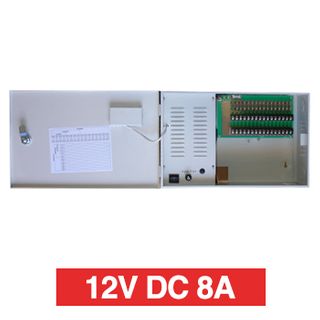PSS, Power supply, 12V DC 8A, Wall mount, Short circuit protection, 16 x 3A fused outputs (8A max total), Circuit status LEDs, Voltage display, 362(W) x 235(H) x 92(D)mm, Suits CCTV apps
