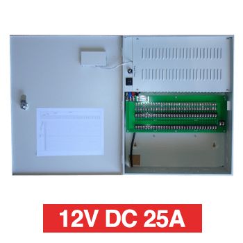 PSS, Power supply, 12V DC 25A, Wall mount, Short circuit protection, 32 x 5A fused outputs (25A max total), Circuit status LEDs, Voltage display, 435(W) x  345(H) x 120(D)mm, Suits CCTV apps