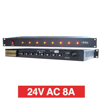 PSS, Power supply, 24V AC 8A, 1RU 19" rack mount, Overload/Over Voltage/Input fuse protection, 8 x 1A fused outputs, Circuit status LEDs, 441(W) x 45(H) x 200(D)mm, Suits CCTV apps