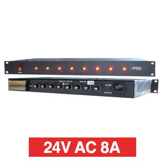 PSS, Power supply, 24V AC 8A, 1RU 19" rack mount, Overload/Over Voltage/Input fuse protection, 8 x 1A fused outputs, Circuit status LEDs, 441(W) x 45(H) x 200(D)mm, Suits CCTV apps