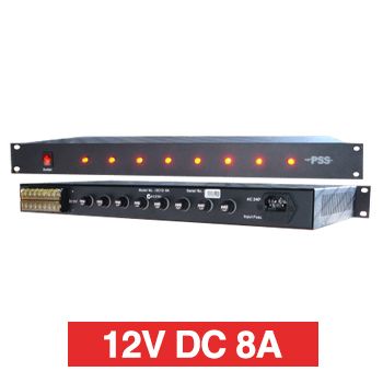 PSS, Power supply, 12V DC 8A, 1RU 19" rack mount, Overload/Over Voltage/Input fuse protection, 8 x 1A fused outputs, Circuit status LEDs, 441(W) x 45(H) x 200(D)mm, Suits CCTV apps,