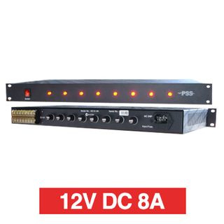 PSS, Power supply, 12V DC 8A, 1RU 19" rack mount, Overload/Over Voltage/Input fuse protection, 8 x 1A fused outputs, Circuit status LEDs, 441(W) x 45(H) x 200(D)mm, Suits CCTV apps,