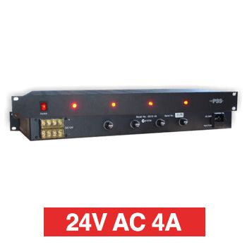 PSS, Power supply, 24V AC 4A, 1RU 19" rack mount, Overload/Over Voltage/Input fuse protection, 4 x 1A fused outputs, Circuit status LEDs, 441(W) x 45(H) x 200(D)mm, Suits CCTV apps