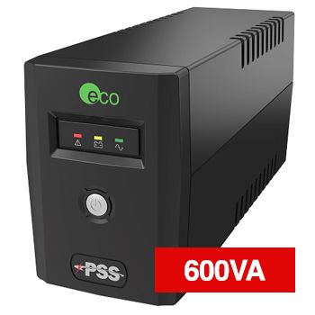 PSS, Eco Series, 600 VA True line interactive UPS, Power filtering (lightning and surge protection), Short circuit/overload protection, Power management software, 101(W) x 142(H) x 298(D)mm