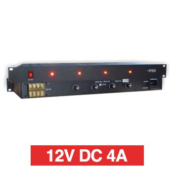 PSS, Power supply, 12V DC 4A, 1RU 19" rack mount, Overload/Over Voltage/Input fuse protection, 4 x 1A fused outputs, Circuit status LEDs, 441(W) x 45(H) x 200(D)mm, Suits CCTV apps
