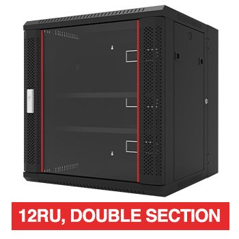 PSS, 12RU 19" Rack Cabinet, Wall mount, Double section, 600(W) x 635(H) x 600(D)mm, With glass door and front vent,  Dark grey powder coated finish, 60kg load capacity