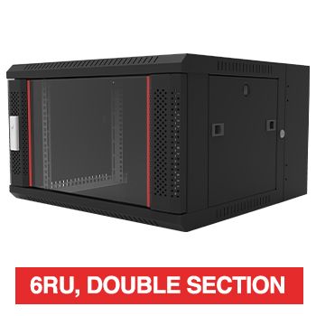 PSS, 6RU 19" Rack Cabinet, Wall mount, Double section, 600(W) x 370(H) x 600(D)mm, With glass door and front vent,  Dark grey powder coated finish, 60kg load capacity
