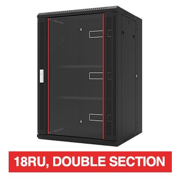 PSS, 18RU 19" Rack Cabinet, Wall mount, Double section, 600(W) x 901(H) x 600(D)mm, With glass door and front vent,  Dark grey powder coated finish, 60kg load capacity