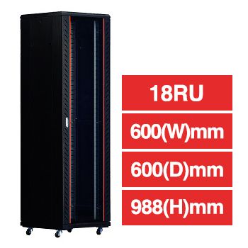 PSS, 18RU 19" Rack Cabinet, Floor mount, 600(W) x 988(H) x 600(D)mm, Dark grey powder coated finish, Includes 2x shelves, 800kg load capacity