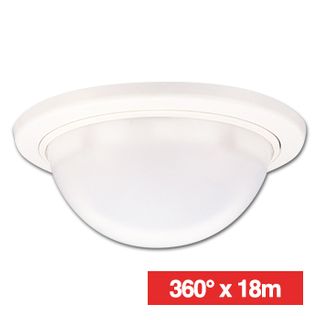 TAKEX, Detector, PIR, Ceiling mount, White, 360deg x 18m coverage, 4.9m max mount height, Adjustable sensitivity, 33 pairs sensitive zones, N/O and N/C contacts, 9-18V DC, 25mA