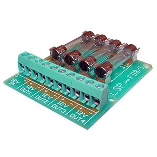 MCM Fused Power distribution board, 12V DC input and 4x 3AG 2 Amp fused outputs, screw terminals