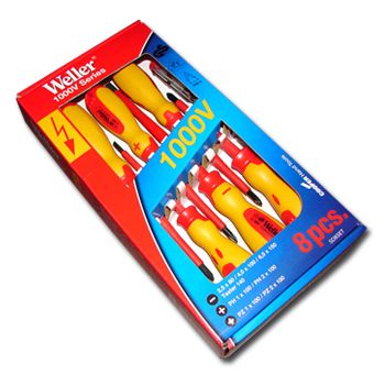 WELLER, Screwdriver set, 8 piece, Includes 1 x tester, 2 x pozidriv, 2 x phillips and 3 x slotted screwdrivers, 1000V insulated,