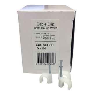 SLEGERS, Plastic cable clips, Round, 8mm, White, Box of 100