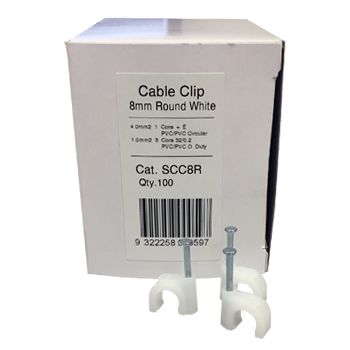 SLEGERS, Plastic cable clips, Round, 8mm, White, Box of 100