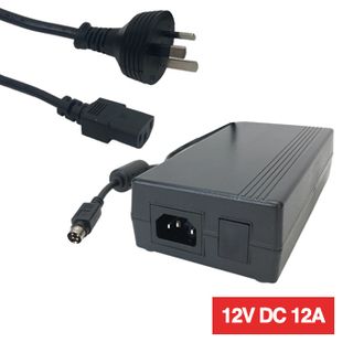 POWERMASTER, 150F Series, Switch mode power supply, 12V DC, 12 amp, Regulated, 4 Pin DC plug, Outside braid positve, 168 x 85 x 47mm, Fanless