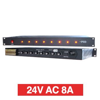 PSS, Power supply, 24V AC 8A, 1RU 19" rack mount, Overload/Over Voltage/Input fuse protection, 8 x 1A fused outputs, Circuit status LEDs, Suits CCTV apps,