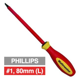 WATTMASTER, Screwdriver, Phillips, #1, 80mm shaft length, 1000V insulated,