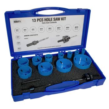 CABAC, Hole saw kit, 13 piece professional, sizes 16, 20, 22, 25, 32, 40, 44, 51, 64, 76mm + arbor,  pilot drill & adaptor,