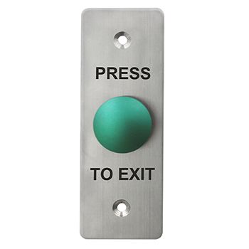 ULTRA ACCESS, Switch plate, Wall, Labelled "Press to Exit", Architrave, Stainless steel, With green low profile mushroom head push button, N/O and N/C contacts, 22mm Dia Hole,