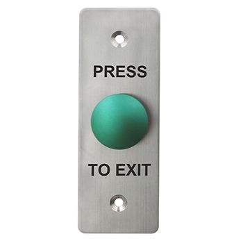 ULTRA ACCESS, Switch plate, Wall, Labelled "Press to Exit", Architrave, Stainless steel, With green low profile mushroom head push button, Plate 90 x 35mm, N/O and N/C contacts, 22mm Dia Hole,
