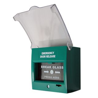 ULTRA ACCESS, Break glass unit, GREEN, Unit reads "Emergency Door Release", Glass reads "Emergency Break Glass Press Here", 2 pole, Double change over contact,