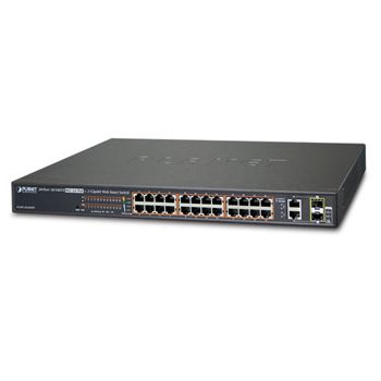 PLANET, 24 Port 10/100 Mbits POE Managed switch, 24 Ports 10/100 Mbits + 2 Gbit Ports 15.4 Watt IEEE 802.3af, 19" 1 RU rack mounting, 220W output max,