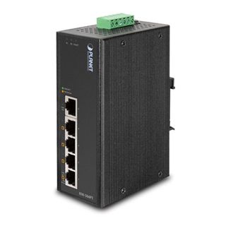 PLANET, 5 Port Industrial switch, 4 10/100 Mbps POE 15.4 Watt ports, Hardened -40 to +75 degrees C, IP30 case, DIN rail and wall mount, 12~54V DC, 7A (max.)