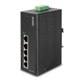 PLANET, 5 Port Industrial switch, 4 10/100 Mbps POE 15.4 Watt ports, Hardened -40 to +75 degrees C, IP30 case, DIN rail and wall mount, 12~54V DC, 7A (max.)