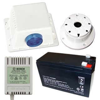 BOSCH, Siren kit, White Siren cover, Reflex horn speaker, Small strobe light, Tamper switch, 12V 7AH Battery, 18V AC 1.33A plug pack, Top Hat / flush screamer,