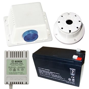 BOSCH, Siren kit, White Siren cover, Reflex horn speaker, Small strobe light, Tamper switch, 12V 7AH Battery, 18V AC 1.33A plug pack, Top Hat / flush screamer,