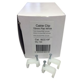 SLEGERS, Plastic cable clips, Flat, 15mm, White, Box of 100,