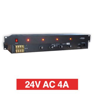 PSS, Power supply, 24V AC 4A, 1RU 19" rack mount, Overload/Over Voltage/Input fuse protection, 4 x 1A fused outputs, Circuit status LEDs, Suits CCTV apps,