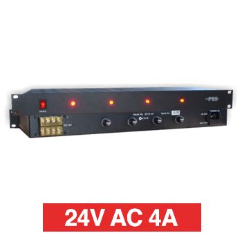 PSS, Power supply, 24V AC 4A, 1RU 19" rack mount, Overload/Over Voltage/Input fuse protection, 4 x 1A fused outputs, Circuit status LEDs, Suits CCTV apps,