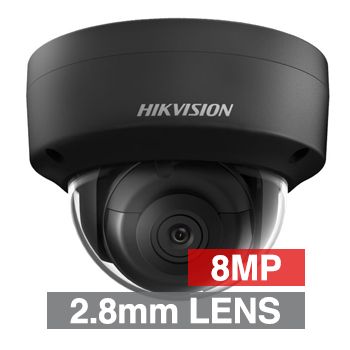 HIKVISION, 8MP HD-IP Outdoor Vandal Dome camera, Black, 2.8mm fixed lens, 30m IR, WDR, Day/Night (ICR), 1/2.5" CMOS, H.265/H.265+, IP67, IK10, Tri-axis, 12V DC/PoE