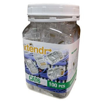 XTENDR, Cat6, Modular 8 Way 8 Wire RJ45 crimp plug (One piece), Suits solid core cable, 100 per jar