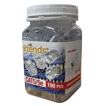 XTENDR, Cat5E, Modular 8 Way 8 Wire RJ45 crimp plug, Suits solid core cable, 100 per jar,