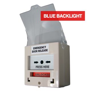 NETDIGITAL, Call point, WHITE, BLUE LED backlight, Unit reads "Emergency Door Release", Call point reads "Press Here", Key resettable, 2 pole, Protective cover,