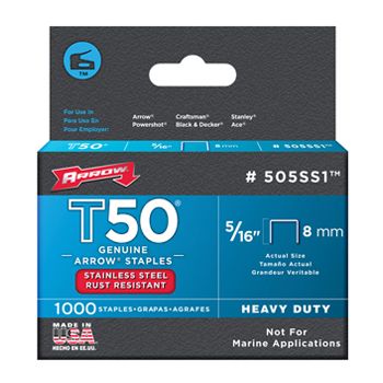 ARROW, Staples, T50, 5/16" (8mm), Stainless Steel, Pkt 1000,