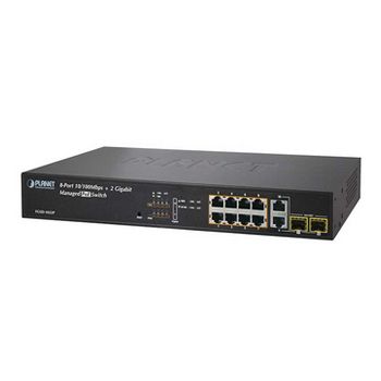 PLANET, 8 Port 10/100Mbps POE switch, 8 Ports 10/100Mbps 15.4 Watt IEEE 802.3af, +2 shared Gigabit/SPF ports, 180W output max,