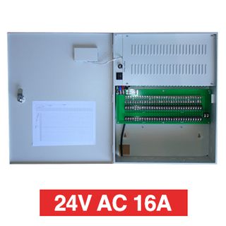 PSS, Power supply, 24V AC 16A, Wall mount, Short circuit protection, 32 x 1A fused outputs, Circuit status LEDs, Voltage display, Suits CCTV apps,