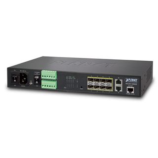 PLANET, 8 port 100/1000 SFP + 2port 10/100/1000 RJ45 managed switch, 2 digital inputs, 2 digital outputs, Can be rack mounted,