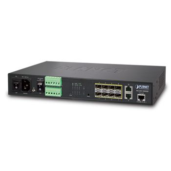 PLANET, 8 port 100/1000 SFP + 2port 10/100/1000 RJ45 managed switch, 2 digital inputs, 2 digital outputs, Can be rack mounted,